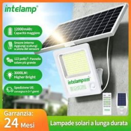 intelamp Faro Solare 12000mAh 3000LM per Esterni IP65 con Pannello Solare Grande e Sensori di Movimento, Luci di Sicurezza Solari per Giardino e Cortile faretto led esterno solare faro led solare per esterno