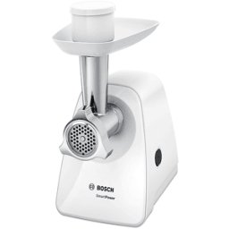 Bosch Tritacarne MFW2500W, SmartPower, 1500 W, Design Compatto, Grandi Prestazioni in Tempi Rapidi, Dischi Acciaio Inox, Piedini Gomma per Maggiore Stabilità, Bianco