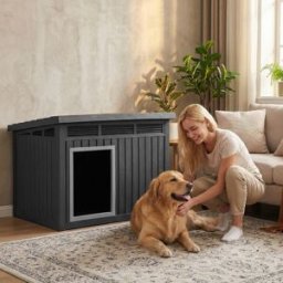 Costway Cuccia per cani e gatti con tetto inclinato apribile finestre ventilate a lamelle e soglia rialzata, Cassetta per animali domestici in pp