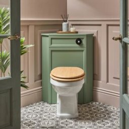 HudsonReed Mobile WC Angolare in Verde Pastello con Sanitario a Filo Muro Richmond/ Pulsante di Scarico Nero e Sedile Soft-Close Effetto Rovere - Thornton