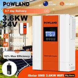 POWLAND Inverter Solare Ibrido EU 3.6KW 24V 220V Onda Pura 5000VA con Regolatore di Carica Solare MPPT 100A Integrato per PV 60-500VDC