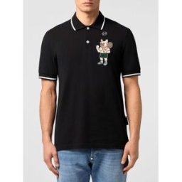 Philipp Plein Polo in piquet di cotone con patch grafica Nero Taglia XL