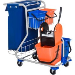 Homcom Carrello Pulizie Professionale con 4 Secchi 18l/6l, Sacco Spazzatura Impermeabile, Blu e Arancione, 100x70x103cm Aosom