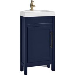 HudsonReed Mobile Bagno Angolare Blu Marino da 450mm con Lavabo e Maniglia Classica con Barra a T in in Oro Satinato - Warwick