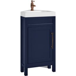 HudsonReed Mobile Bagno Angolare Blu Marino da 450mm con Lavabo e Maniglia Classica con Barra a T in in Rame Satinato - Warwick