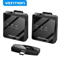 Microfono wireless a clip Vention USB-C - Qualità audio 32 kHz - Latenza 20 ms - Batteria 26 ore - Portata 50 m - Cancellazione del rumore - Nero