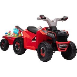 Homcom Quad Elettrico per Bambini con Rimorchio, Pedale, Marce Avanti e Indietro, 2,5 km/h, per 18-36 Mesi, Rosso Aosom Italy