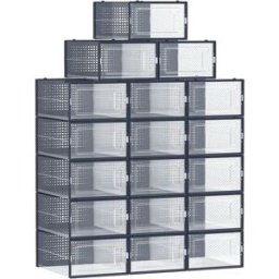 SONGMICS Scatole Scarpe in Plastica, Set 18 Organizer, Contenitori Pieghevoli e Impilabili Fino a Taglia 44, Trasparente e Blu Scuro/Beige/Avena/Nero/Verde