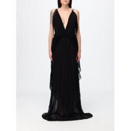 Genny Abito lungo da sera in chiffon plissettato con strascico Nero Taglia 40