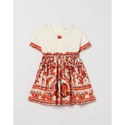 Dolce&Gabbana Mini abito da bambina in cotone con stampa Maioliche e logo DG Rosso Taglia 6