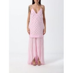 Msgm Abito lungo da sera plissettato in cotone con ricami e scollo a V Rosa Taglia 38