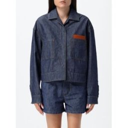 Fendi Giacca corta di jeans stile camicia in cotone con logo impresso Blue Navy Taglia 42