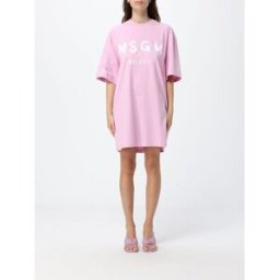 Msgm Mini abito T-shirt in cotone con logo a contrasto e spalle scese Rosa Taglia M