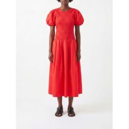 Ganni Abito midi in cotone organico con maniche a palloncino Rosso Taglia 36