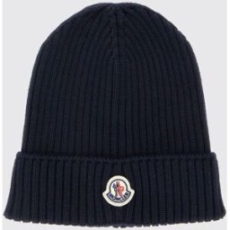 Moncler Cappello da bambino in lana a coste con patch logo e risvolto Blue Taglia L