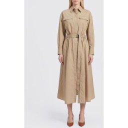 Brunello Cucinelli Abito chemisier midi in cotone con maniche lunghe e cintura in vita Beige Taglia L