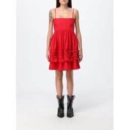 Ganni Mini abito in popeline di cotone con rouches e scollo quadrato Rosso Taglia 36