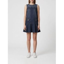 Ganni Mini abito A-line in denim di cotone senza maniche con balze Denim Taglia 36