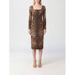 Dolce&Gabbana Abito midi a tubino in viscosa con stampa animalier e scollo quadrato Marrone Taglia 48