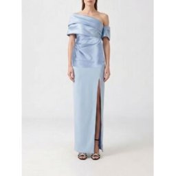 Solace London Abito da sera lungo a tubino in raso con scollo asimmetrico e spacco Blue Taglia 6