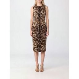Dolce&Gabbana Abito midi a tubino in seta con stampa animalier e scollo quadrato Marrone Taglia 44