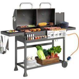 giordanoshop Barbecue a Carbone e Gas con 3 Bruciatori e Coperchio Termometro e Ruote Nero...