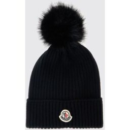 Moncler Cappello da bambino in lana a coste con pompon e patch logo Nero Taglia M