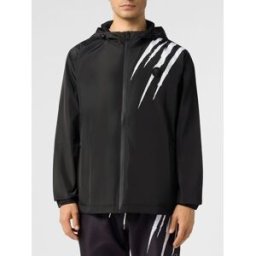 Plein Sport Giacca a vento in nylon con cappuccio e logo posteriore a contrasto Nero Taglia L