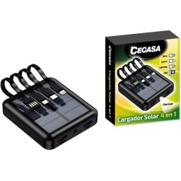 Cegasa Power Bank solare 4 in 1 da 5000 mAh - Uscite USB-C, illuminazione, USB-A, micro USB - Con torcia - Nero
