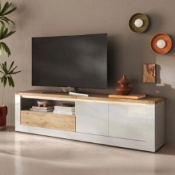 garneroarredamenti Mobile TV 207x58h cm 2 ante 1 cassetto con led bianco lucido rovere chiaro Istria