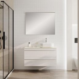 Leroy Merlin Mobile Linea L100 H55 P45 in laccato bianco opaco 2 cassetti a chiusura ammortizzata e top gres bianco creta per lavabo in appoggio