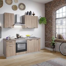 Leroy Merlin Cucina montata Dora rovere chiaro, lavello a destra, L 195 cm, completa di: cappa a camino, piano cottura a gas, forno