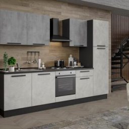 Leroy Merlin Cucina montata Dora bianco e grigio chiaro, lavello a sinistra, L 300 cm, completa di: cappa a camino, piano cottura a gas, forno e frigorifero
