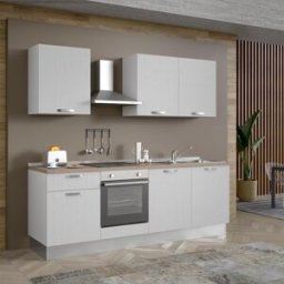 Leroy Merlin Cucina montata Dora bianco spatolato, lavello a destra, L 240 cm, completa di: cappa a camino, piano cottura a induzione, forno
