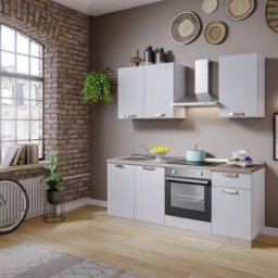 Leroy Merlin Cucina montata Dora bianco spatolato, lavello a sinistra, L 195 cm, completa di: cappa a camino, piano cottura a induzione, forno