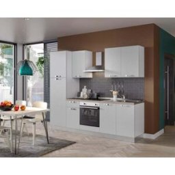 Leroy Merlin Cucina montata Dora bianco spatolato, lavello a destra, L 255 cm, completa di: cappa a camino, piano cottura a induzione, forno e frigorifero