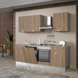 Leroy Merlin Cucina montata Dora rovere chiaro, lavello a sinistra, L 240 cm, completa di: cappa a camino, piano cottura a gas, forno, lavastoviglie