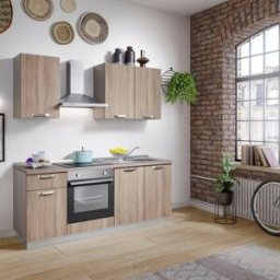Leroy Merlin Cucina montata Dora rovere chiaro, lavello a destra, L 195 cm, completa di: cappa a camino, piano cottura a induzione, forno,