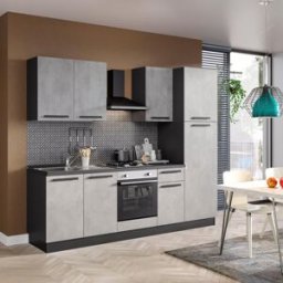 Leroy Merlin Cucina montata Dora bianco e grigio chiaro, lavello a sinistra, L 255 cm, completa di: cappa a camino, piano cottura a gas, forno e frigorifero