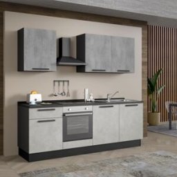 Leroy Merlin Cucina montata Dora bianco e grigio chiaro, lavello a destra, L.240 cm, completa di: cappa a camino, piano cottura a induzione e forno