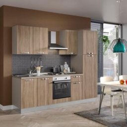 Leroy Merlin Cucina montata Dora rovere chiaro, lavello a sinistra, L 255 cm, completa di: cappa a camino, piano cottura a gas, forno e frigorifero