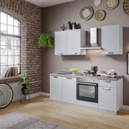 Leroy Merlin Cucina montata Dora bianco spatolato, lavello a sinistra, L 195 cm, completa di: cappa a camino, piano cottura a gas e forno