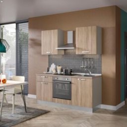 Leroy Merlin Cucina montata Dora rovere chiaro, lavello reversibile, L 180 cm, completa di: cappa a camino, piano cottura a induzione, forno,