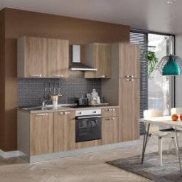 Leroy Merlin Cucina montata Dora rovere chiaro, lavello a sinistra, L 255 cm, completa di: cappa a camino, piano cottura a induzione, forno, frigorifero