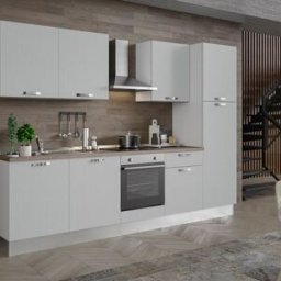 Leroy Merlin Cucina montata Dora bianco spatolato, lavello a sinistra, L 300 cm, completa di: cappa a camino, piano cottura a induzione, forno e frigorifero