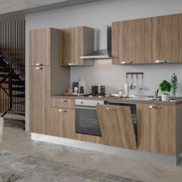 Leroy Merlin Cucina montata Dora rovere chiaro, lavello a destra, L 300 cm, completa di: cappa a camino, piano cottura a gas, forno, lavastoviglie, frigorifero