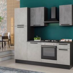 Leroy Merlin Cucina montata Dora bianco e grigio chiaro, lavello a destra , L 225 cm, completa di: cappa a camino, piano cottura a gas, forno e frigorifero