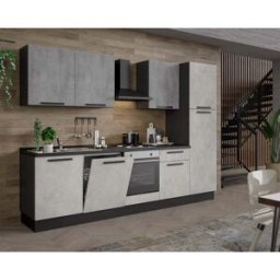 Leroy Merlin Cucina montata Dora bianco e grigio chiaro, lavello a sinistra, L 300 cm, completa di: cappa a camino, piano cottura a gas, forno, frigorifero e lavastoviglie