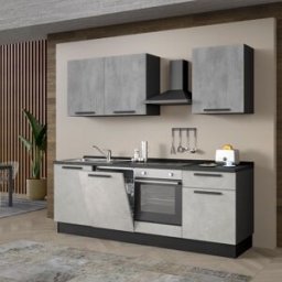 Leroy Merlin Cucina montata Dora bianco e grigio chiaro, lavello a sinistra, L 240 cm, completa di: cappa a camino, piano cottura a induzione, forno e lavastoviglie
