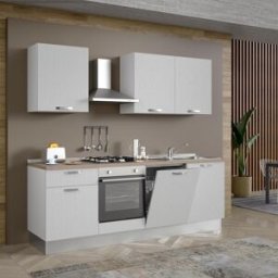 Leroy Merlin Cucina montata Dora bianco spatolato, lavello a destra, L 240 cm, completa di: cappa a camino, piano cottura a gas, forno e lavastoviglie